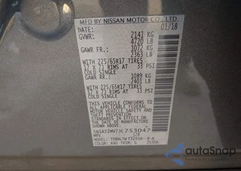2018 Nissan Rogue Sv z USA, uszkodzony, nr VIN 5N1AT2MV7JC753047